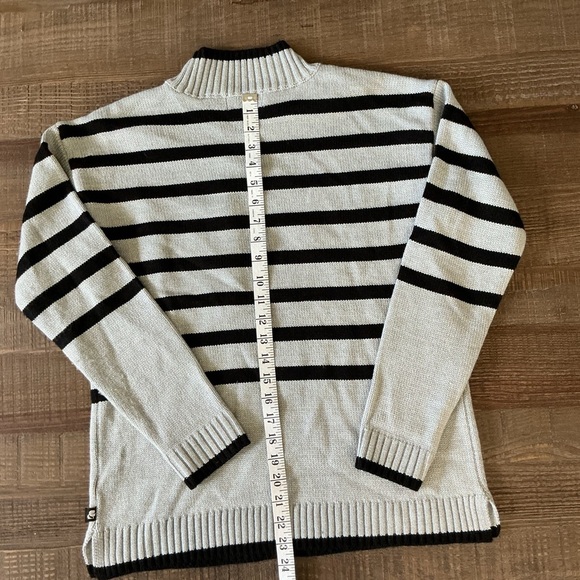 Karl Lagerfeld Black and White Women's Striped Mock-Neck Sunglasses Sweater - Picture 5 of 7